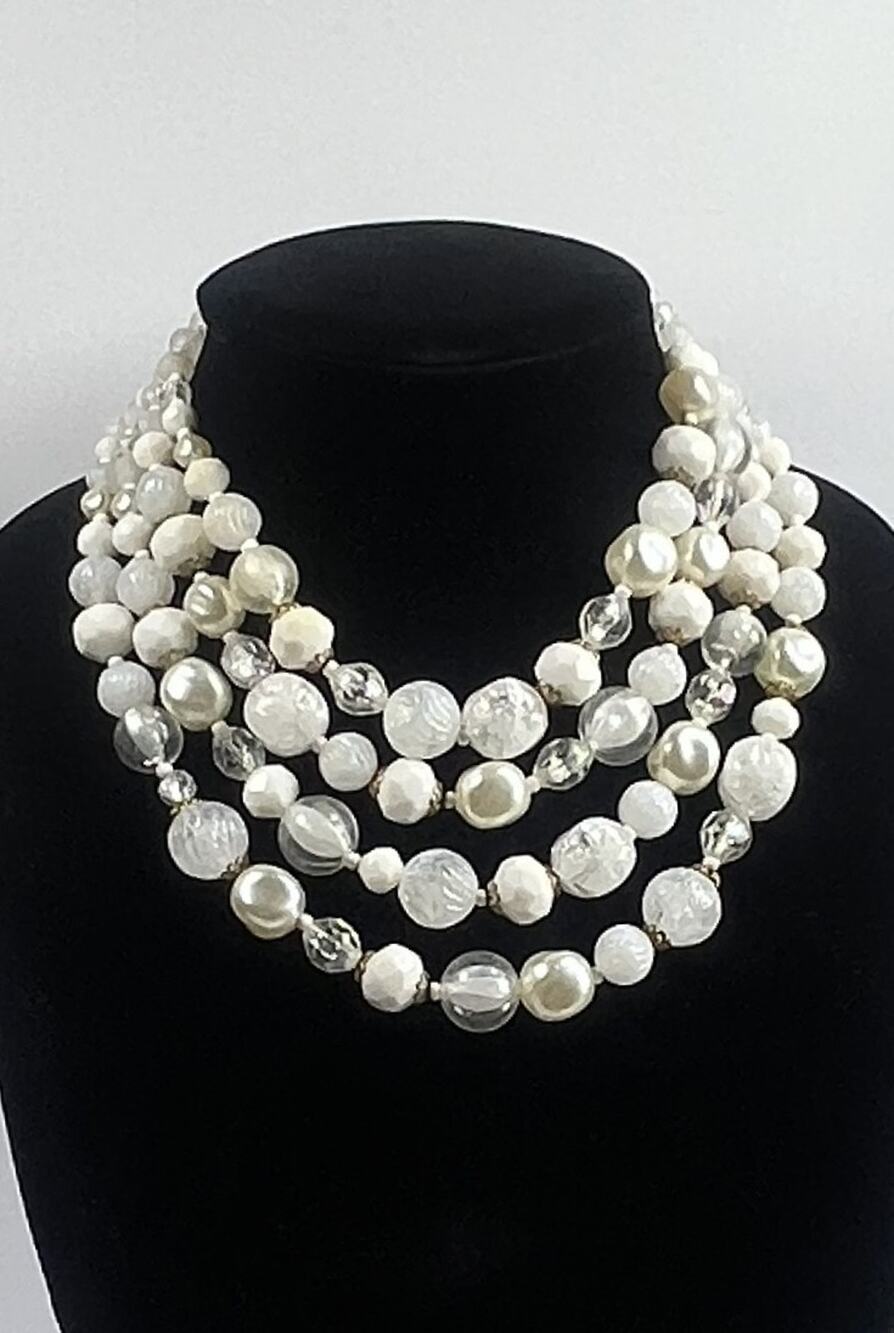 Vintage 4 Strand W Germany White Baroque Beads Acrylic Crystals Costume Necklace